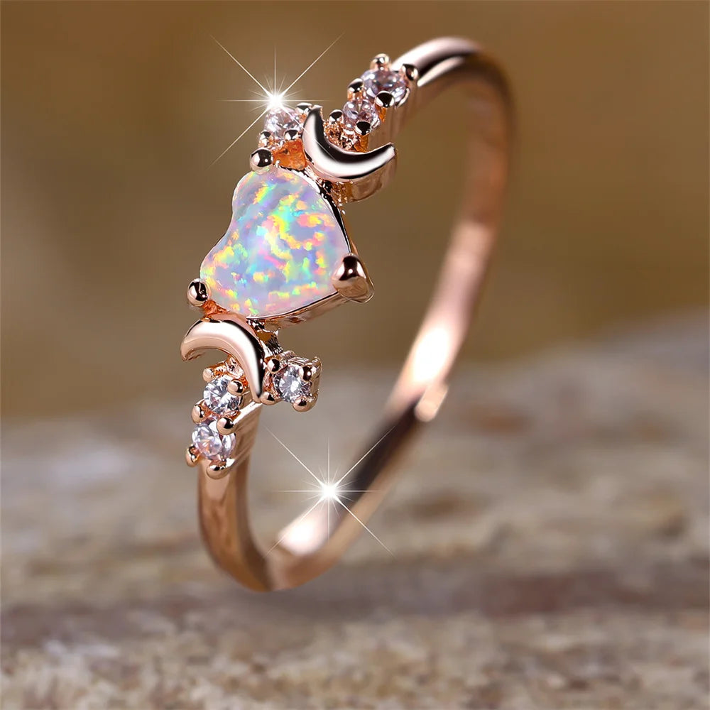 White Fire Opal Love Heart Stone Rings For Women Rose Gold Silver Color Wedding Band Bridal Engagement Jewelry Mother's Day Gift