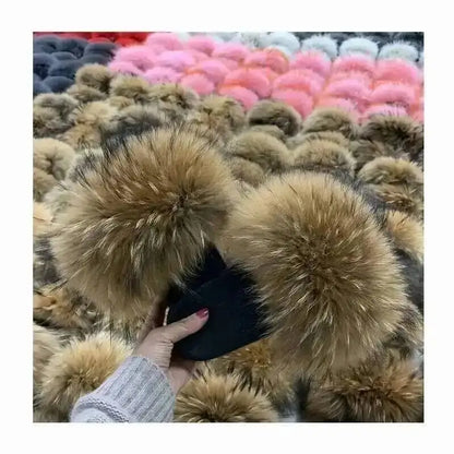 Real Raccoon Fur Slippers For Women 2026 Summer Fluffy Indoor House Fuzzy Flat Slides Outdoor Fashion Beach Sandals Flip Flops