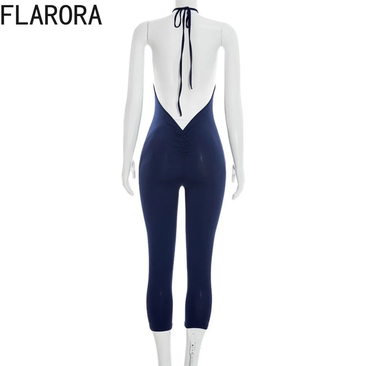 FLARORA Sexy Halter Backless Skinny Jumpsuits Woman Solid Color Slim Fit Capri Jumpsuit Hottie Midnight Street Clubwear Overalls