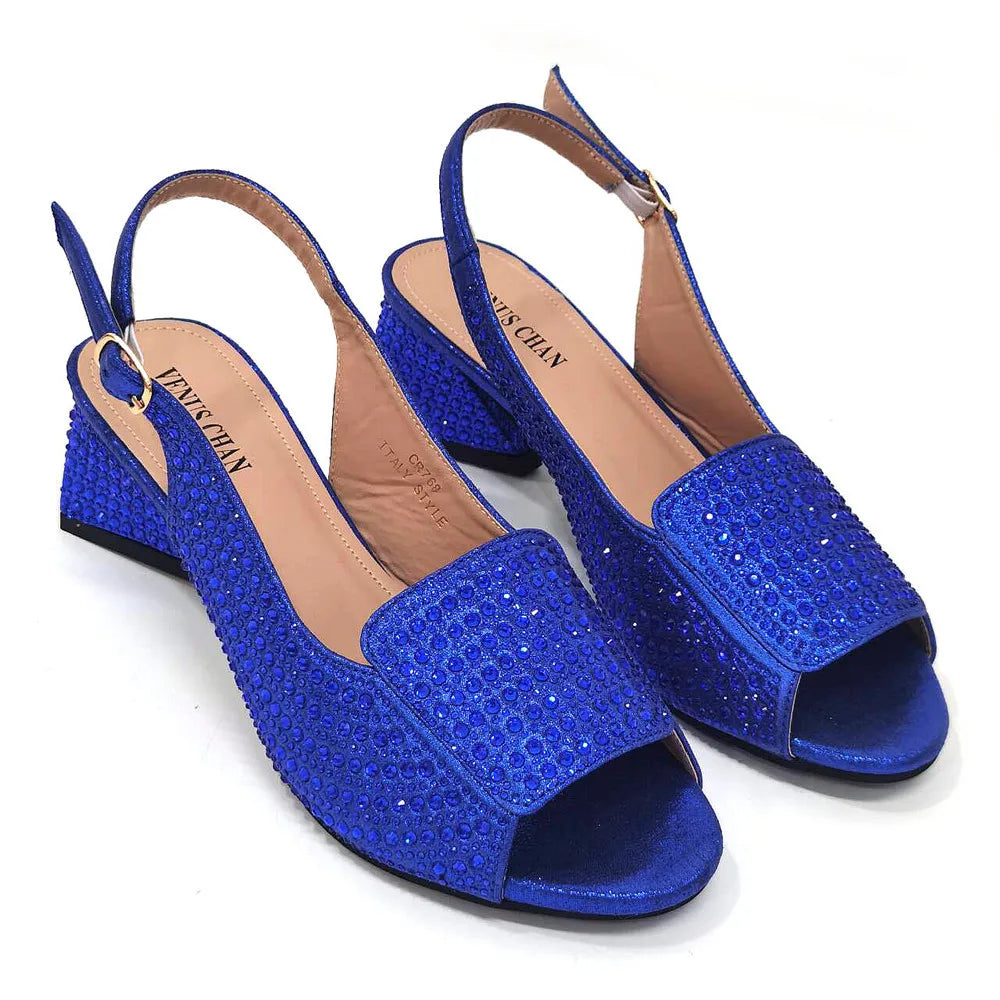 High Heels Shoes for Women Embroidery Rhinestone Italian Design Blue Color Pointed Toe Shoes and Bags Set Fashion