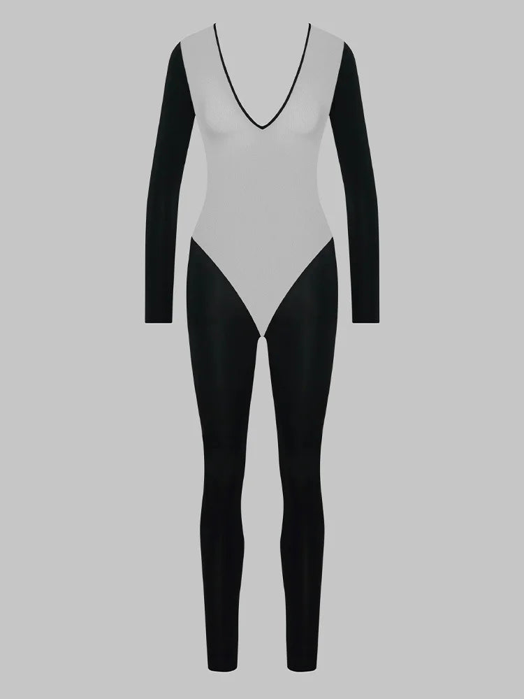 Summer Slim Fit Midi One-piece Women's Sexy Sheer Mesh Insert Long Sleeve High Neck Black Bodycon Party Clubwear One-piece Pants