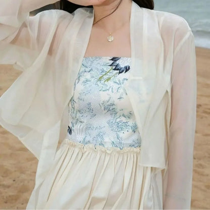 Hanfu Style Modal Ice Silk Shawl V-Neck Sheer Outerwear Long Sleeve Translucent Sun Protection Cardigan Women's Wear
