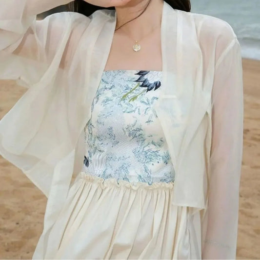 Hanfu Style Modal Ice Silk Shawl V-Neck Sheer Outerwear Long Sleeve Translucent Sun Protection Cardigan Women's Wear
