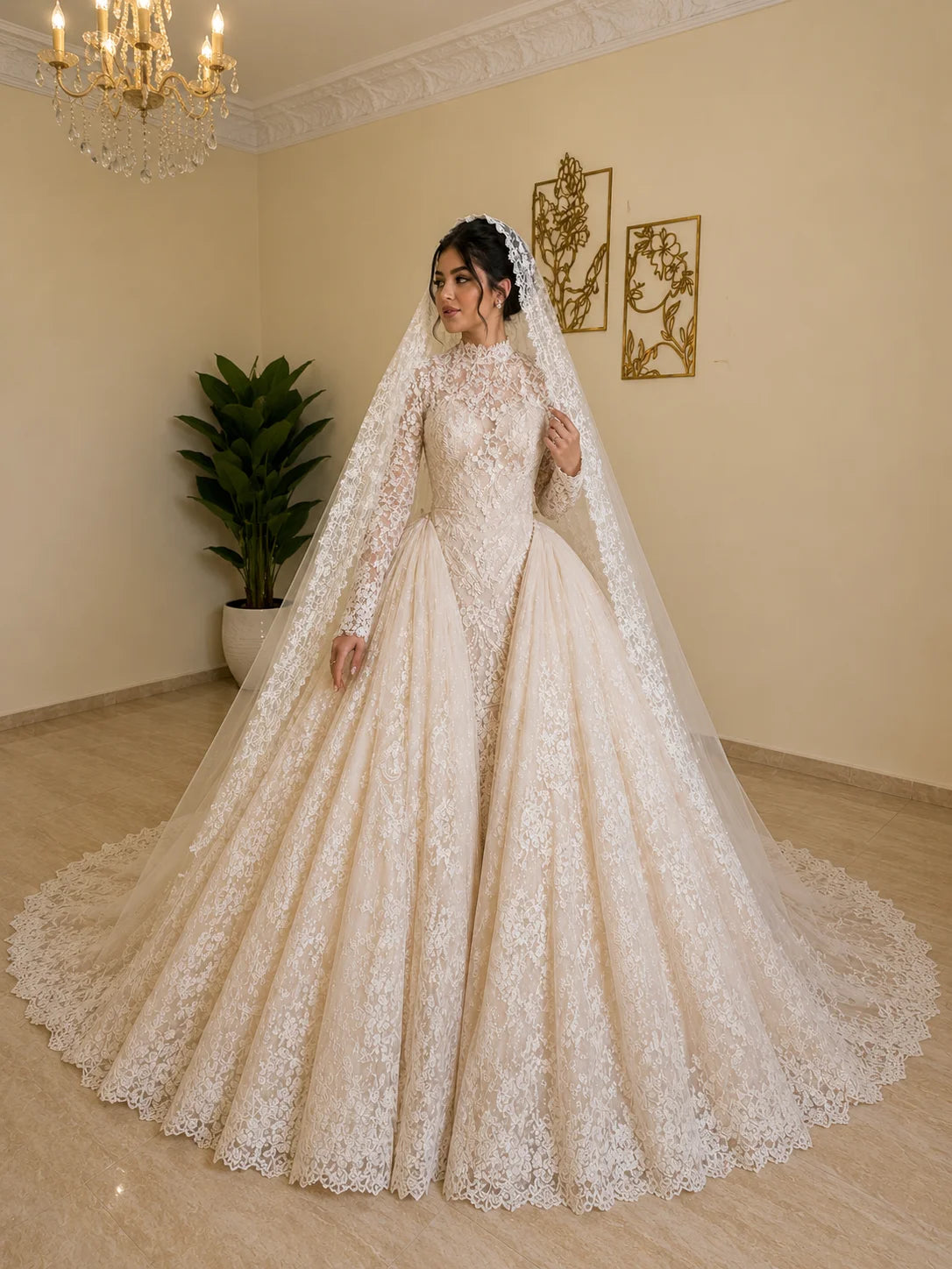 Luxury Muslim Wedding Dress Elegant Long Sleeve High Neck Lace Ball Gown Bridal Dress For Women Princess Amanda Novias Official