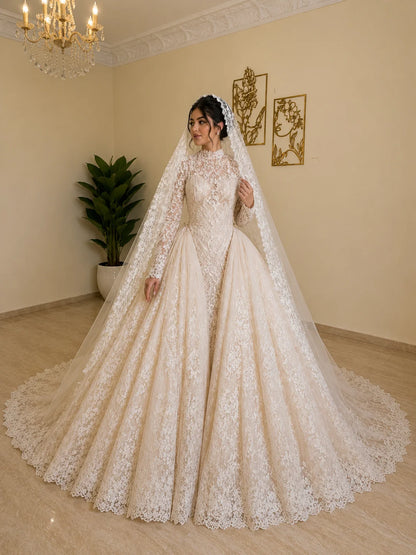Luxury Muslim Wedding Dress Elegant Long Sleeve High Neck Lace Ball Gown Bridal Dress For Women Princess Amanda Novias Official