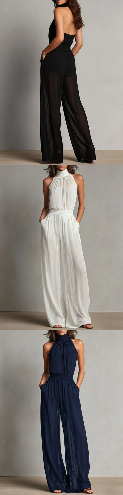 Womens Jumpsuits Summer Elegant Chiffon Sleeveless High Neck Backless Wide Leg Pants Jumpsuit Playsuit