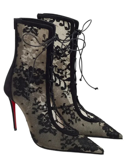 2026Spring and Summer Pointed Black Mesh Fine High Heels Knee Length Cool Boots Embroidered Lace Up Party Wedding Women's Boots