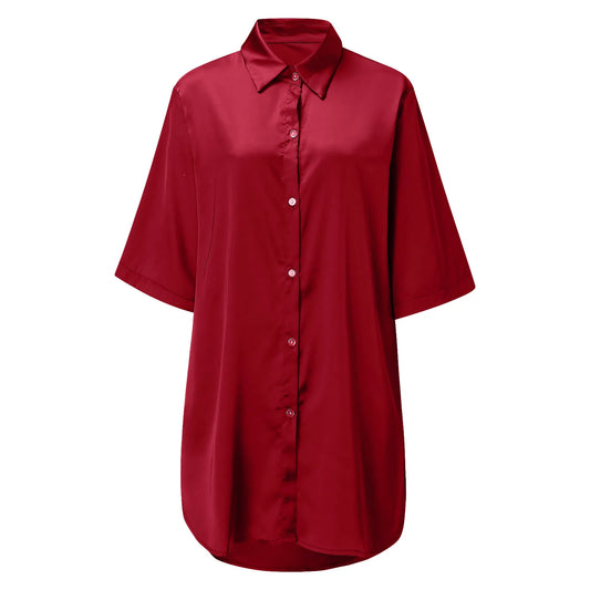 Women's Solid Color Silky Soft Pajamas Sexy Long Sleeve Nightshirt Smooth & Skin-Friendly Comfortable Home Sleepwear for Ladies