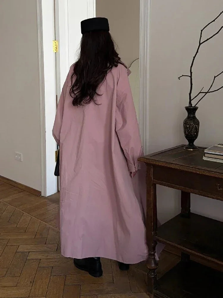 Casual Stand Collar Women Long Trench Coat Single-breasted Lantern Sleeves Pink Windbreaker Jacket Spring Fall Fashion Overcoat