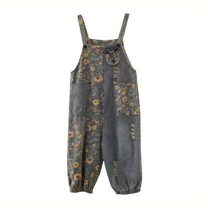 Casual Oversized Print Floral Denim Overalls For Women Loose Wide Leg Mom Jeans Rompers And Jumpsuit Cargo Straps Baggy Pants