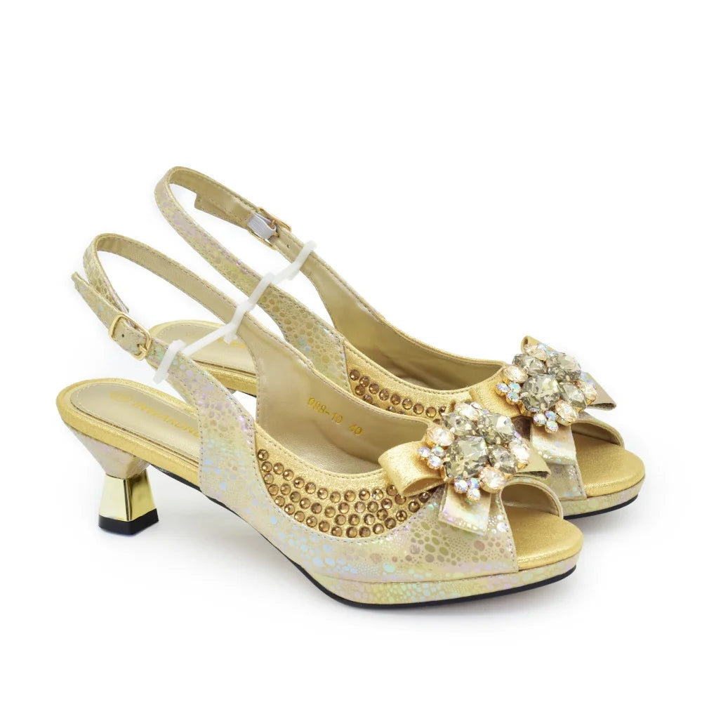Nigerian Heel Party for Women Gold Color Shoes and Bag Set Rhinestone Handbag Italian Design Wedding Pumps Women Shoes Luxury