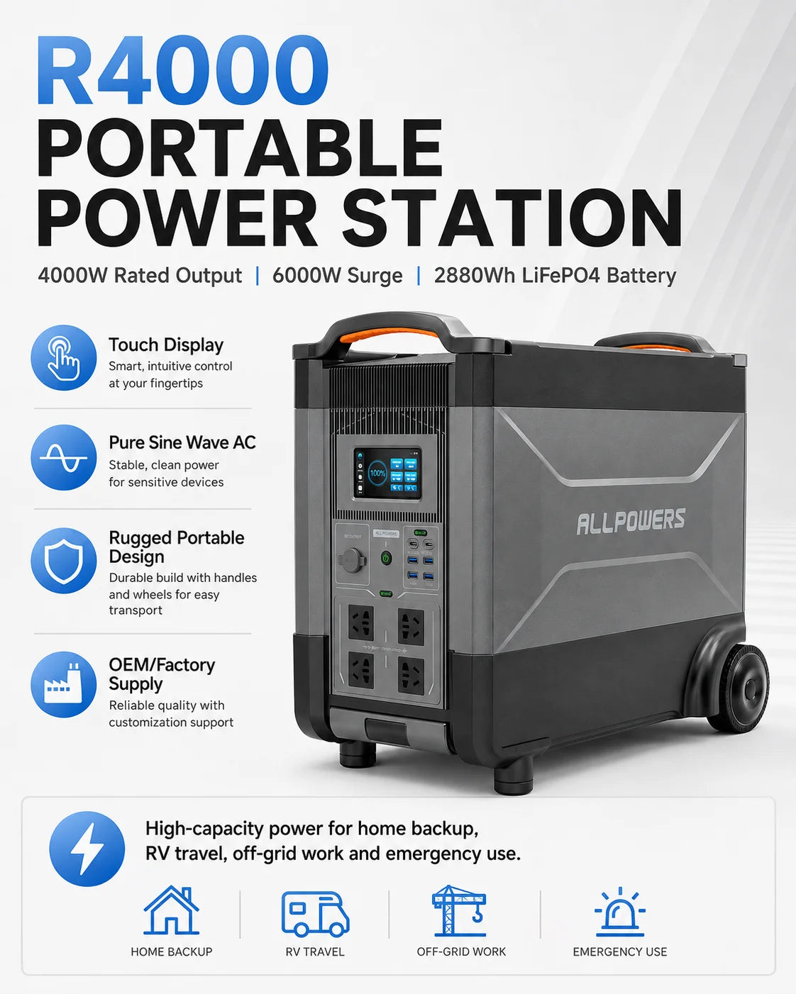 4000W Portable Power Station 2880Wh LiFePO4 Solar Generator Home Backup Battery Emergency Power Supply