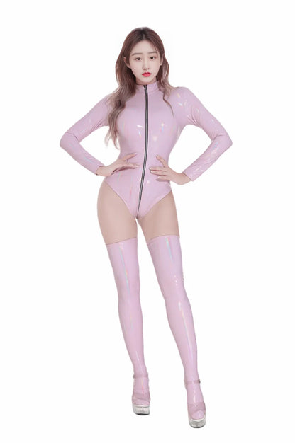 Sexy Women PVC Glossy Shiny High Cut Bodysuit Bandage Leotard Dance Wear Long Sleeve PU Latex Cosplay Maid Tight Catsuit