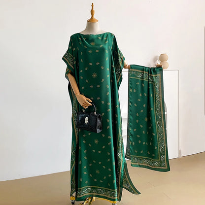 Summer Fashion Kaftan Dress for Women with Big Scarf Loose Abaya Muslim Style African Casual Print Shawl Robe - New 2026