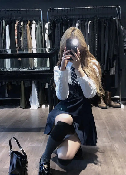 Japan And Korea College Style Jk Set Women's Long Sleeve Shirt Pleated Skirt Strap Dress Set Two Piece Set School Jk Uniform