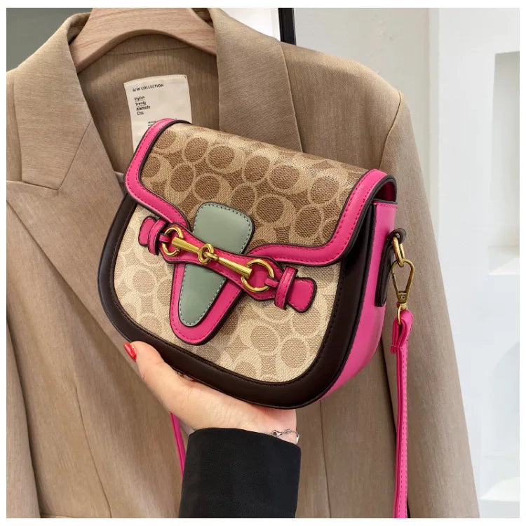 Women Retro Print Saddle Crossbody Bag Luxury Horse Bit Buckle Small Shoulder Bag Fashion PU Leather Ladies Daily Handbag