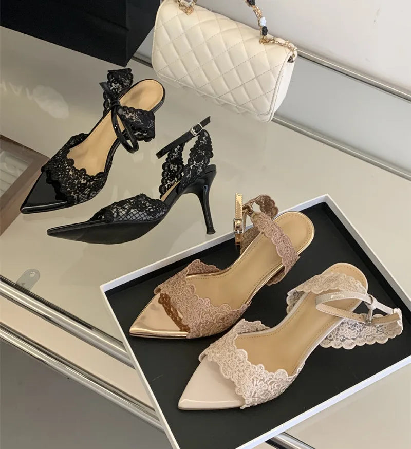 Luxury Lace Embroidery Ankle Strap Buckle Women Gladiator Sandals Elegant Thin High heels Summer Fashion Party Wedding Shoes