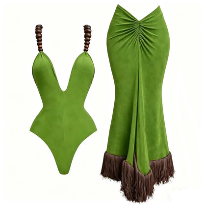 Beads 2Pcs Halter Swimsuit 2026 New Bandeau Biquini Sexy Bikini Women Swimwear Push Up Bathing Suits Female Long Skirt Beachwear