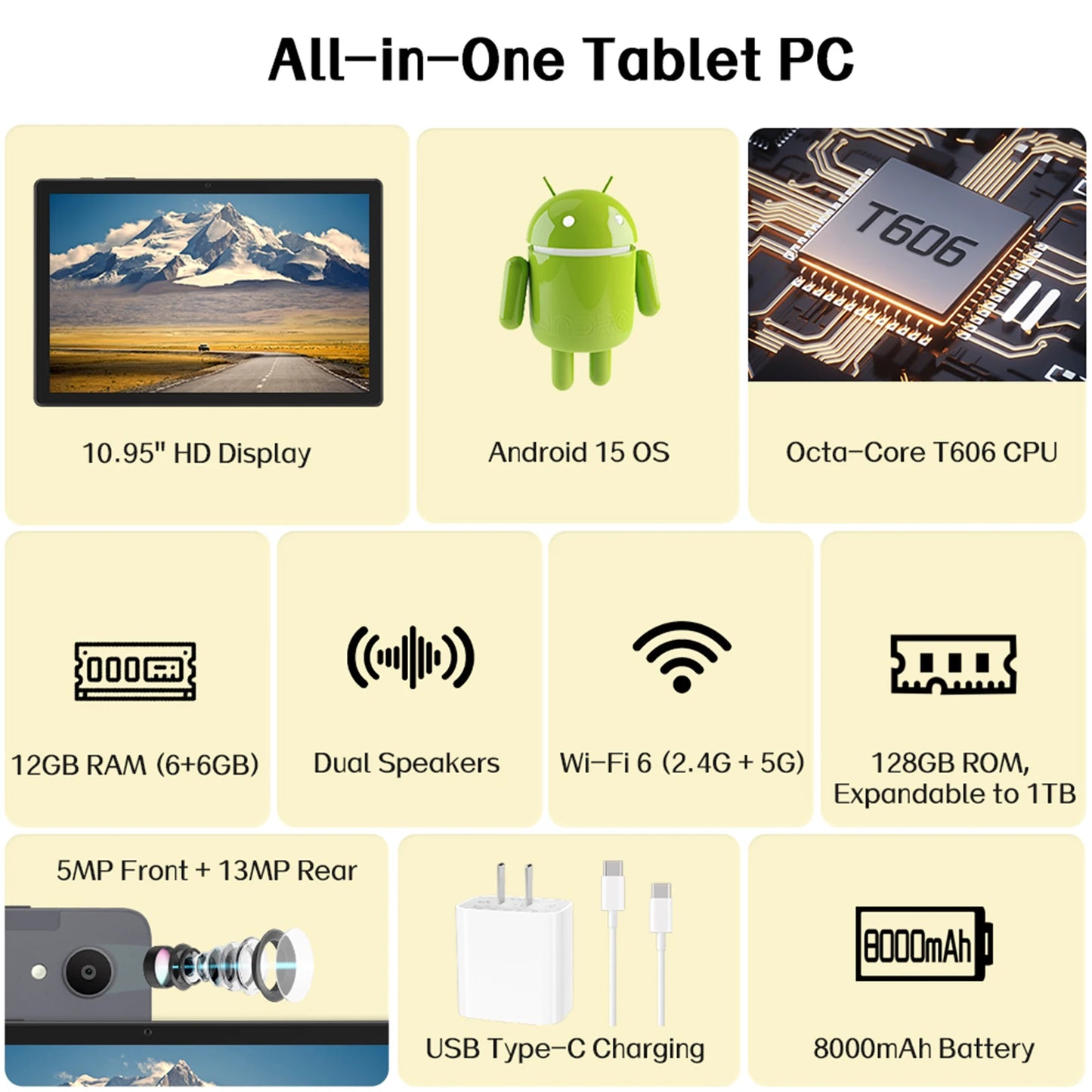 Android 15 10.95inch Tablet PC with High Capacity 8000mAh Battery, 12GB RAM +128GB ROM, 512GB Expand, Octa-core, GMS Certified