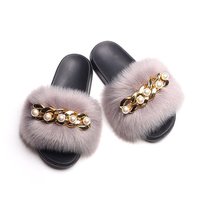 Fluffy Slippers Women Flip Flops Luxury Pearl Chain Faux Fur Slides Flat House Slippers Beach Summer Sandals Ladies Casual Shoes