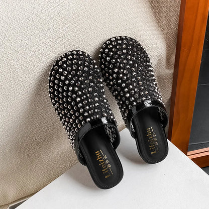 Summer Shoes for Women Slippers Luxury Rhinestone Rivets Casual Sandals Mesh Slip-on Loafers