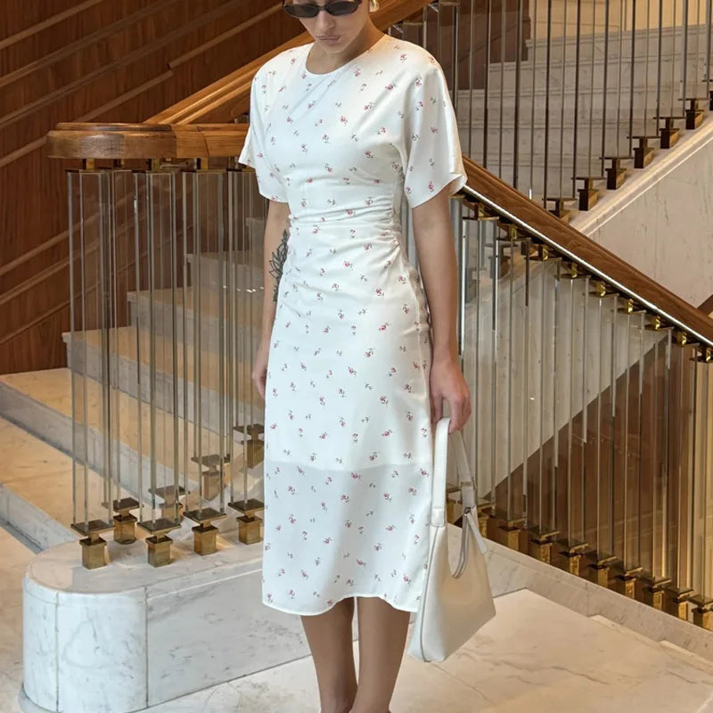 Tossy Floral Print Midi Dress Ruched Dress Round Neck Short Sleeve Fitted Waist Small Flower Print Bodycon Party Clubwear Dress