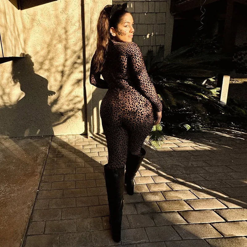 Shestyle Velvet Leopard Sexy Jumpsuits Women Turtleneck Nude Bodycon Mesh Transparent Zipper Fly Slim Fitness Playsuit Clothes