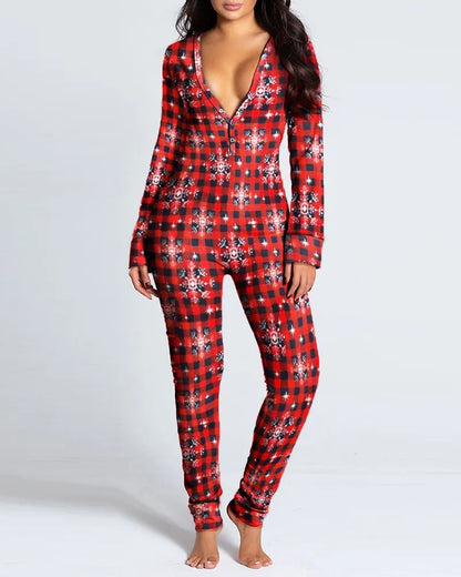 Sexy Pyjama Women's Long Sleeves Homewear Suit Button-Down Front Back Butt Bum Open Ass Flap Jumpsuit Loungewear Christmas Print