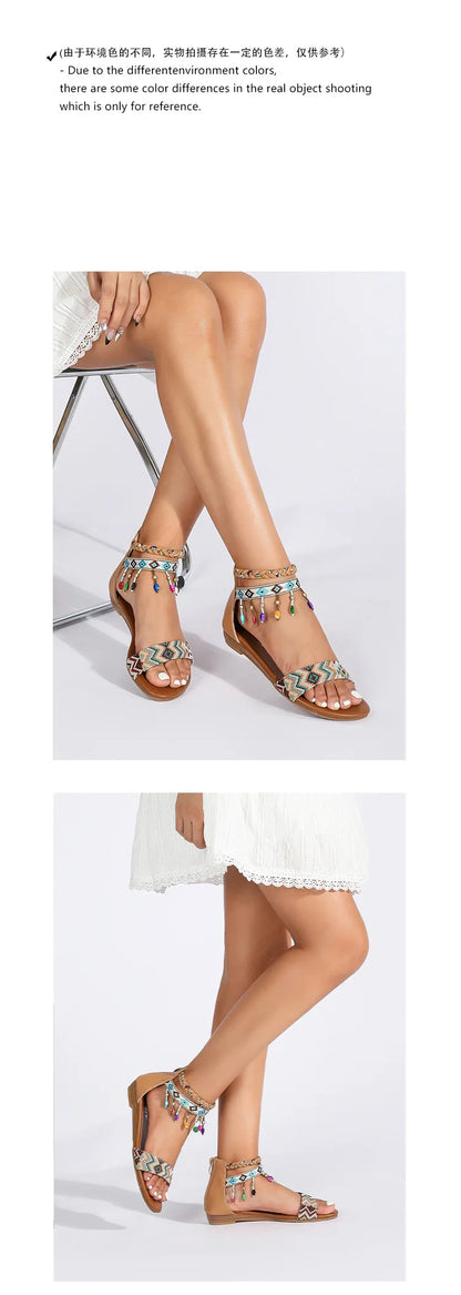 High quality leather flat sandals for women 2.5cm low heel vintage print new summer 2026 36 42 open toe casual shoe black brown