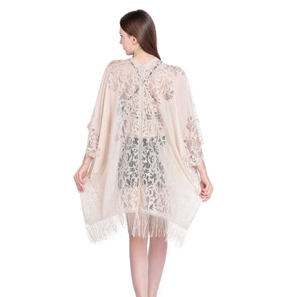 Women Sun Protection Shawl Lady Summer Hollow Out Lace Cardigan Holiday Bikini Blouse Breathable Beach Cape Sexy Long Tippet