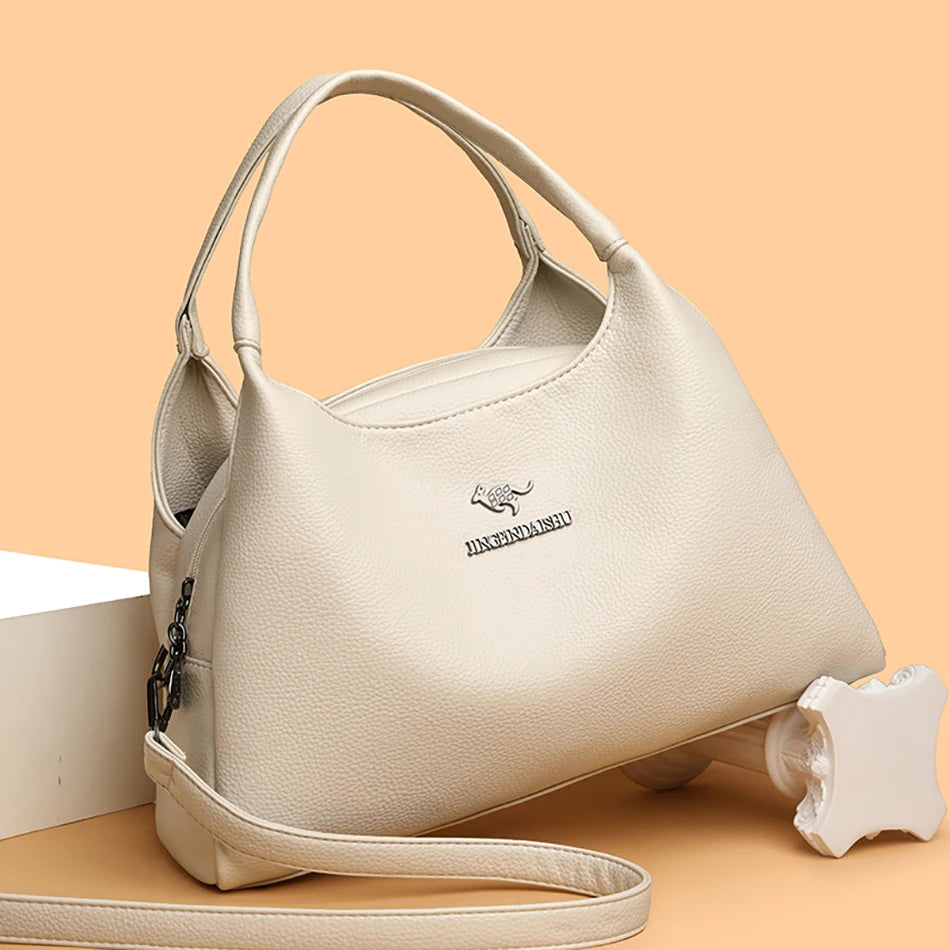 New Ladies Soft Leather Handbag Large Capacity Single Shoulder Bag Retro Solid Color Mom Bolsa Luxury Cross-Border Style Bags