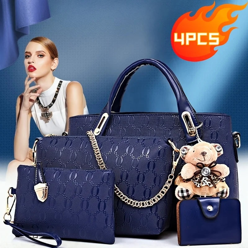 4 Pcs Women Handbag Set Embossed Pattern PU Leather Tote Bags Fashion Chain Shoulder Crossbody Bag Ladies Wallet Card Holder Purse With Bear Pendant Daily Shopping Handbags