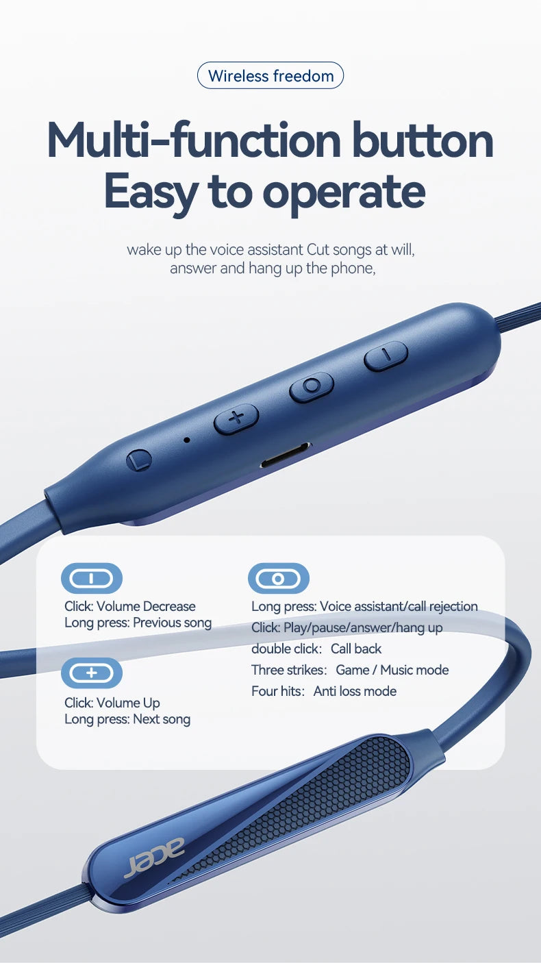 Acer Ohr561 Wireless Neckband Bluetooth Headphones, In-Ear Design, Comfortable to Wear, Bluetooth 5.4 Chip with Low Power Consumption, 20 Hours of Long-Lasting Battery Life, Dedicated for Sports and Running
