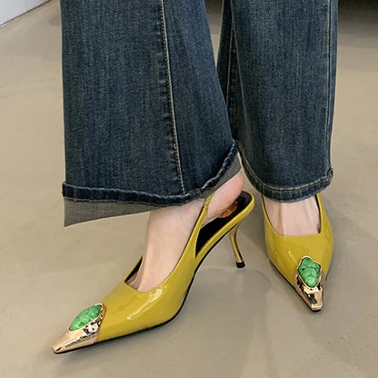 Liyke Fashion Design Inlay Gems Pointed Toe Patent Leather Sexy Slingback Sandals Women Pumps High Heels Wedding Banquet Shoes