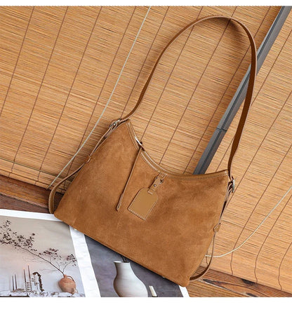 Winter Women's Natural Suede Leather Classic Underarm Bag Female Soft Cowhide Durable Handbags Ladies Luxury Designer Bags