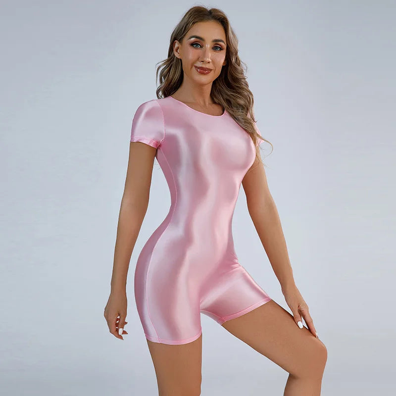 Sexy Jumpsuits Women Glossy Shiny Bodycon Bodysuit Elastic One Piece See Through Sexy Tights Satin Shaper Leotard Short Romper