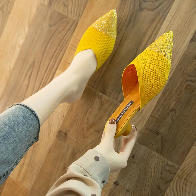 Elegant Medium Heel Women's Mules Shoes Women Designer Rhinestone Luxury Party Slippers Summer New 2025 Sandals Fashion Slipper