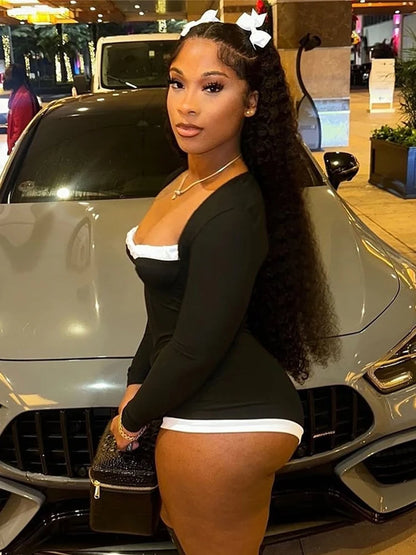 Weird PussWhite Edging Playsuit Women 2025 Spring Square Collar  Skinny Stretch  Long Sleeve Romper Streetwear Tight Overalls