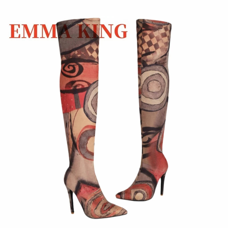 Women's Art Print Thigh High Boots Pointed Toe Stiletto Heel Over The Knee Boots Stretch Fabric Thin Heeled Boots for Party