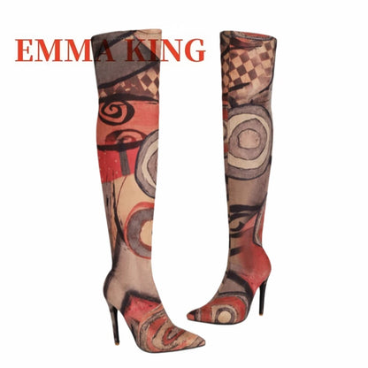 Women's Art Print Thigh High Boots Pointed Toe Stiletto Heel Over The Knee Boots Stretch Fabric Thin Heeled Boots for Party