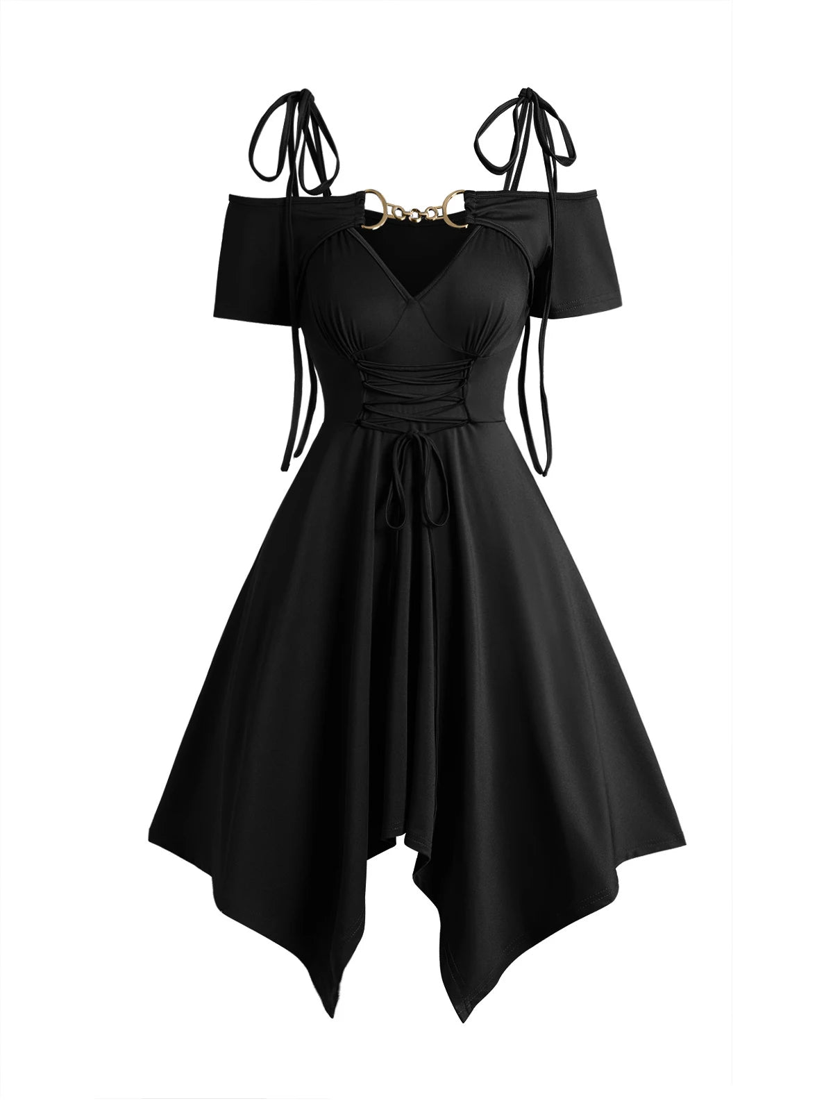 Dressfo 2025 Women's Black Dresses Cold Shoulder Lace Up Asymmetric Dress Tie Knot Shoulder Chain Solid Color Short Sleeve Dress