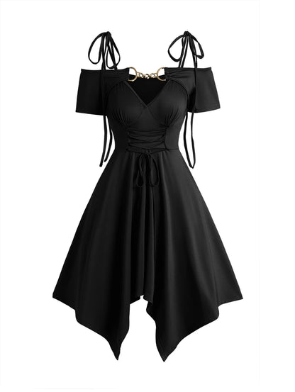 Dressfo 2025 Women's Black Dresses Cold Shoulder Lace Up Asymmetric Dress Tie Knot Shoulder Chain Solid Color Short Sleeve Dress