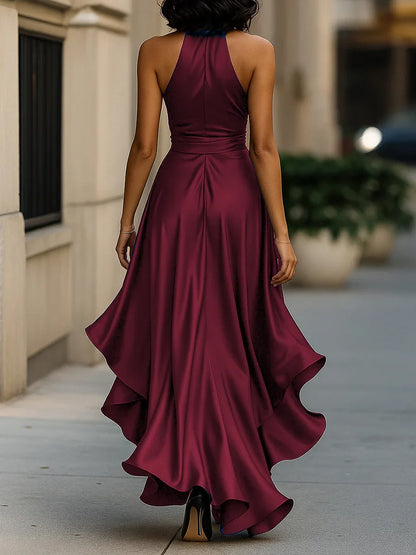 Women's Deep V-Neck Ruffled Evening Gowns Solid Lace-Up High Waist Satin Party Dresses Elegant Temperament Wedding Guests Dress