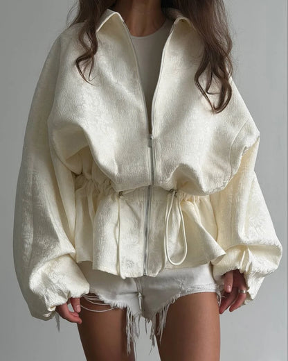 Luxury Apricot Texture Jacket Turn-down Collar Zipper Drawstring Waist Slim Lantern Sleeves Outerwear 2026 Fall Chic Lady Coat