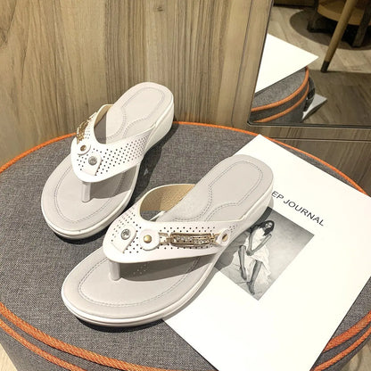 Sandals for Women Flip Flops Metal Button Slides Slipper Beach Dance Non-slip Casual Wedge Shoes Female Summer Slippers Sandals