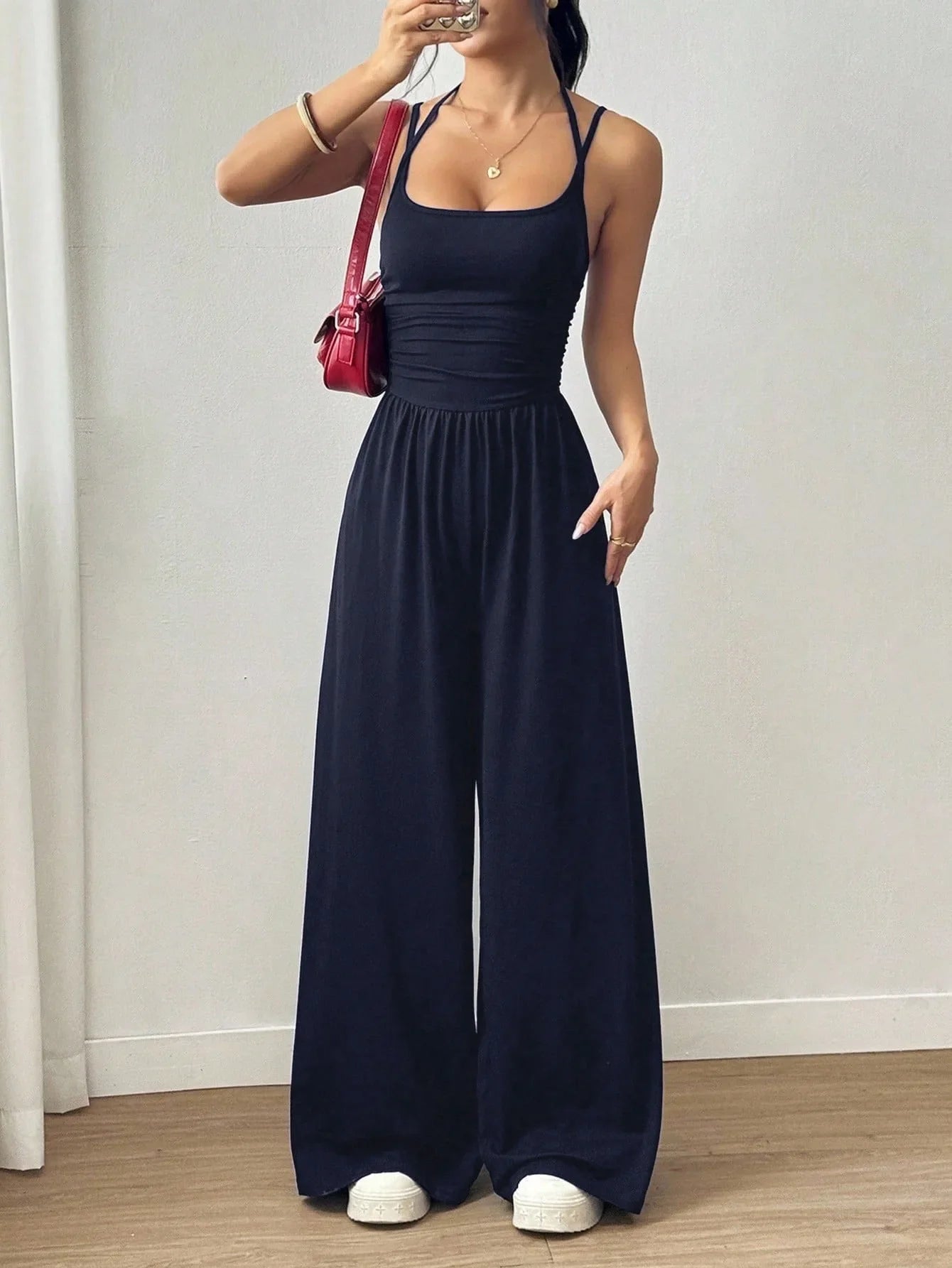Women Halter Spaghetti Strap Jumpsuits Summer Casual Elastic High Waist Backless Wide Leg Long Pants Romper Club Party Overalls
