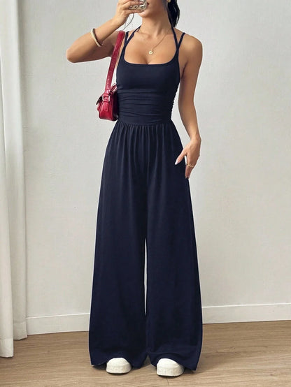 Women Halter Spaghetti Strap Jumpsuits Summer Casual Elastic High Waist Backless Wide Leg Long Pants Romper Club Party Overalls