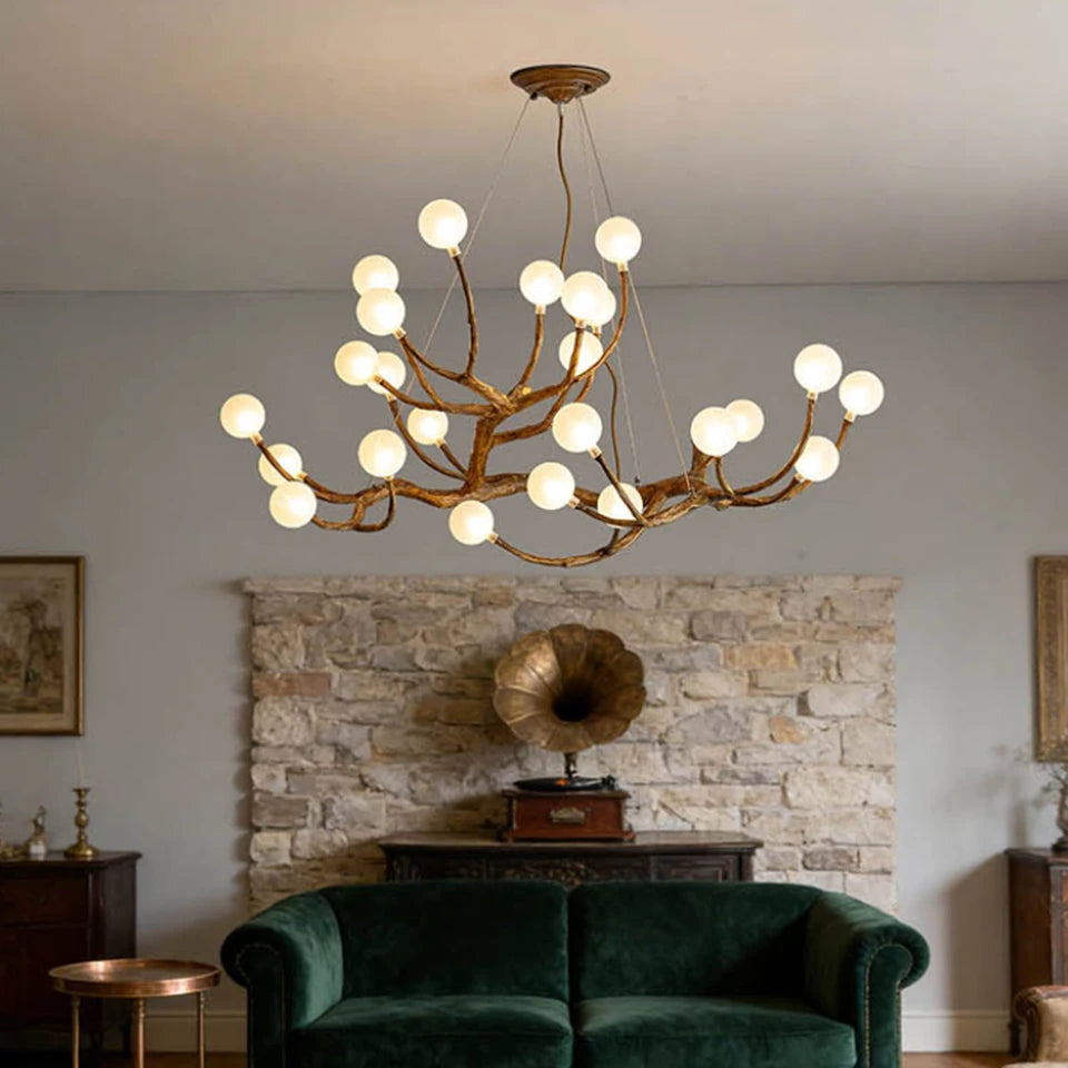 Retro Resin Tree Branch Chandeliers Frosted Glass Bubble LED Pendant Lamp for Living Dining Room Home Decor suspension luminaire
