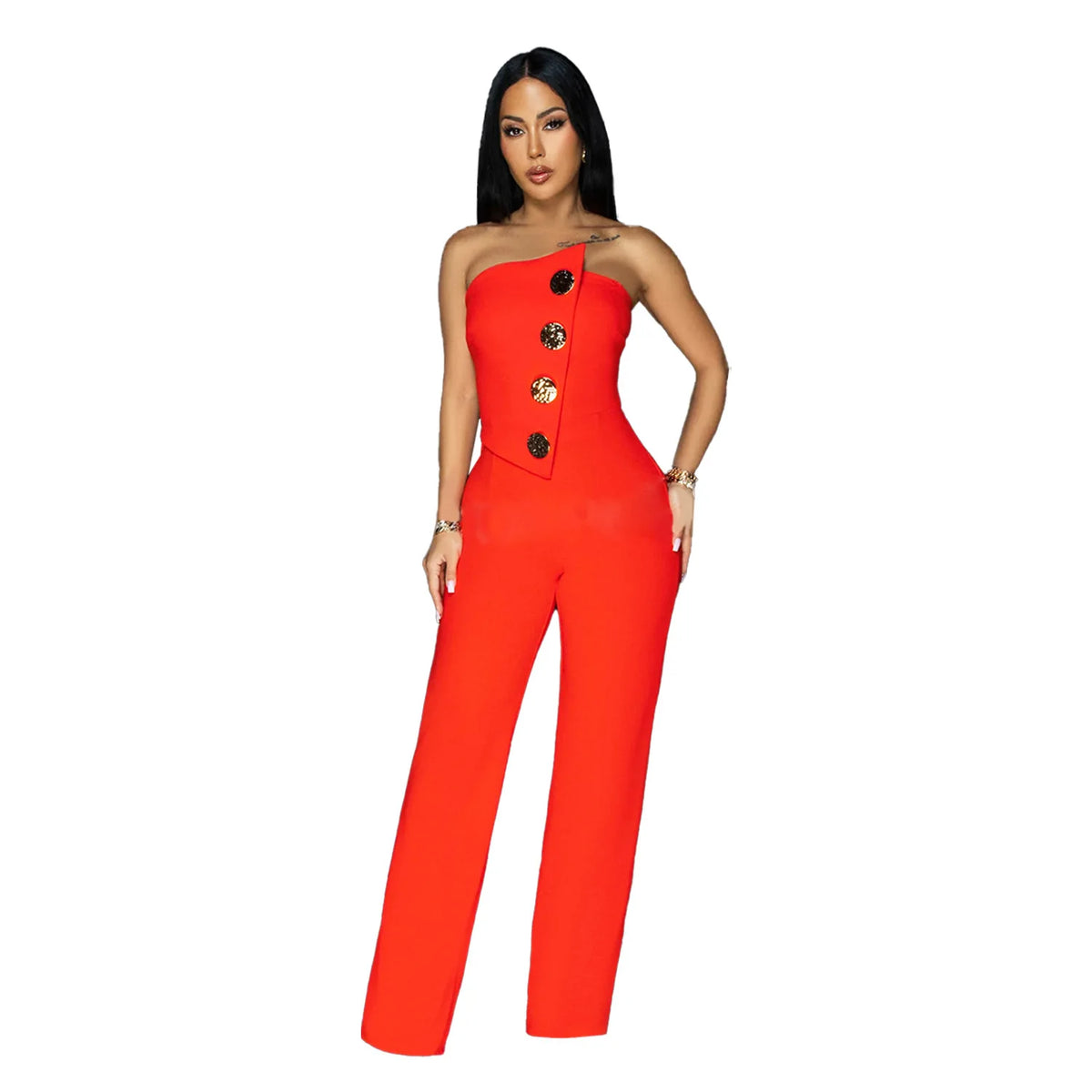 HBLL Women's Elegant Button Strapless Sleeveless Irregular Jumpsuits One Piece Metal Button Decor Overalls Outfit Night Clubwear