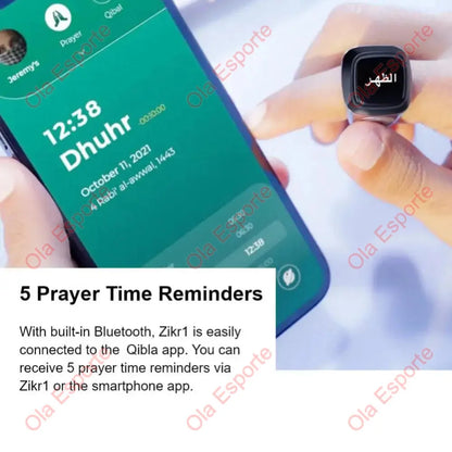 2026 Qibla Smart Zikr Ring Praise Tasbih Tally Electronic Digital Counter for Muslims 5Prayer Time Vibration Reminder Waterproof